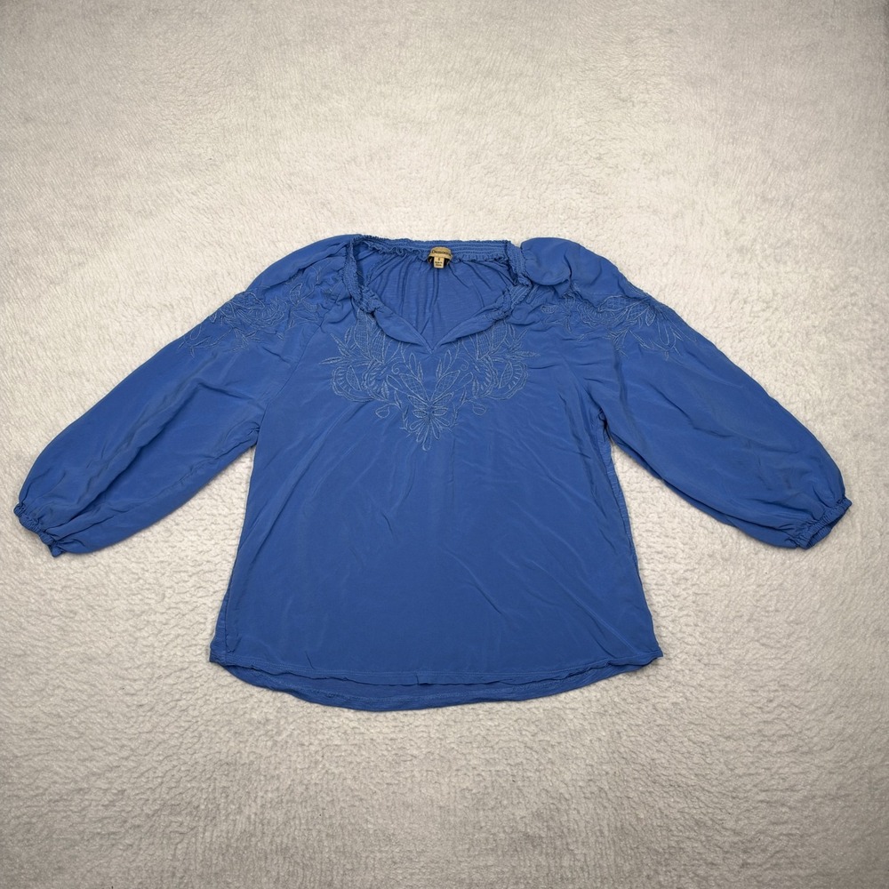 Democracy Blue Embroidered Design Long Sleeve Blouse Shirt Top Women's Size S